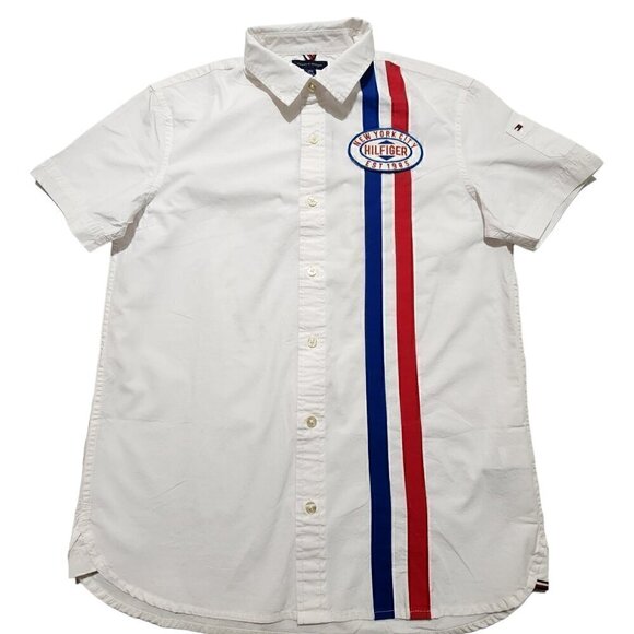 Tommy Hilfiger Boys Racing Shirt Botton Down Short Sleeve Logo‎ Patch XL - Picture 1 of 12